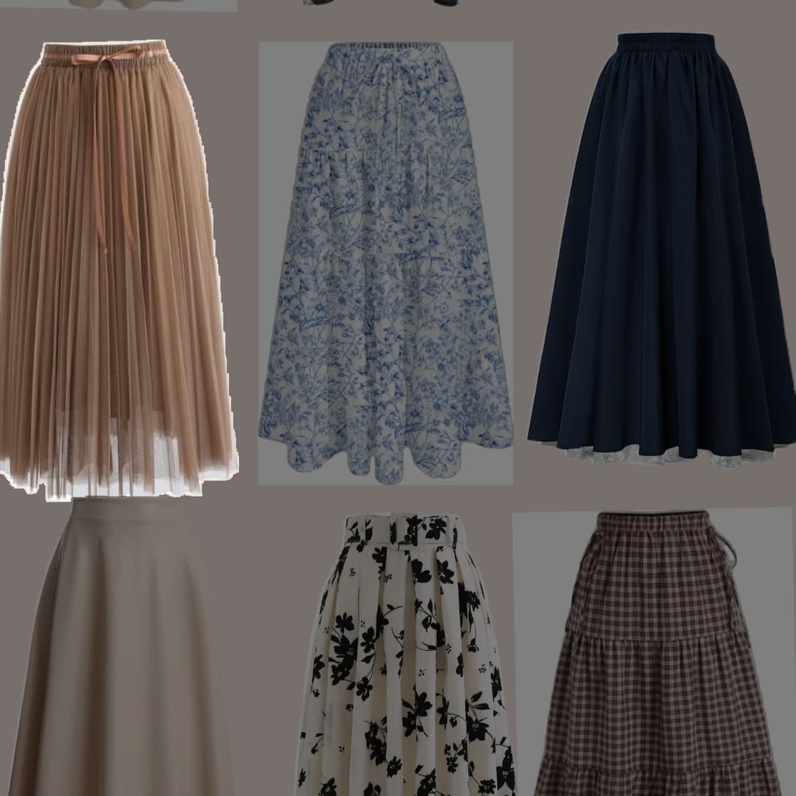 Display of three different skirt styles — red wrap skirt, olive pleated skirt, and colorful gradient maxi skirt — ONSA sewing blog