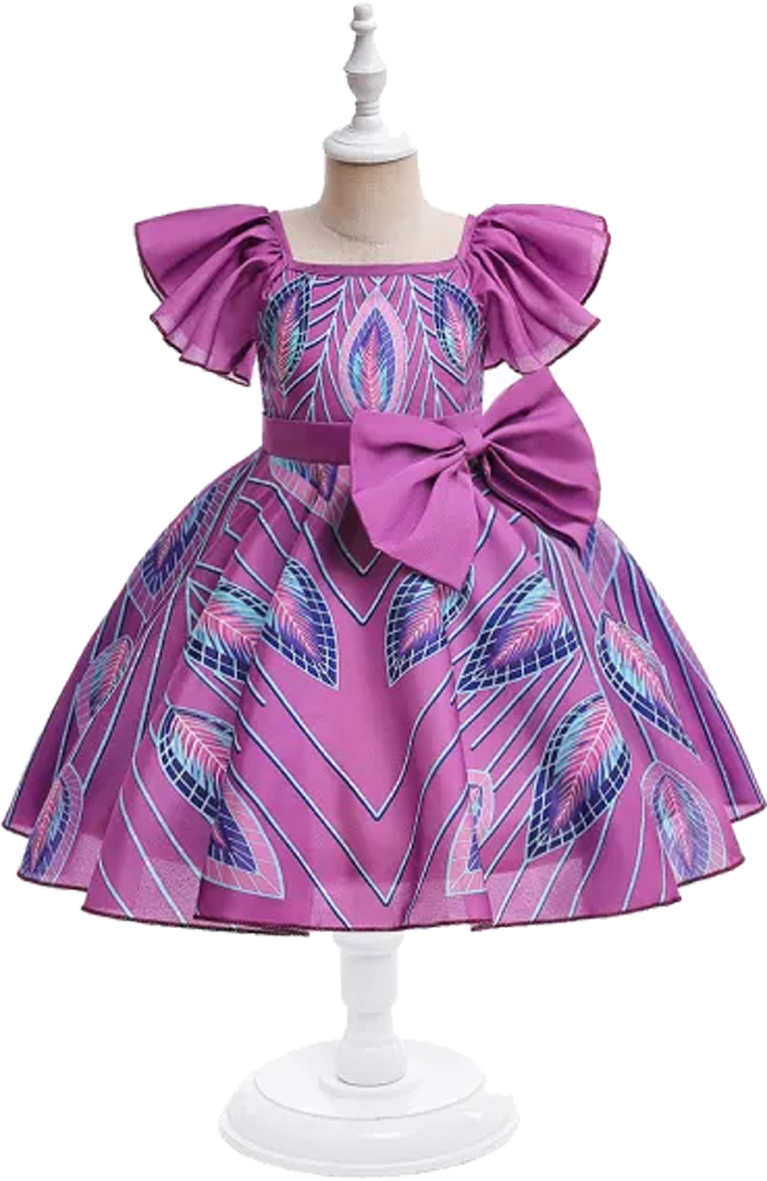 A handmade purple dress with intricate blue and purple patterns, crafted by our talented sewing and tailoring student. Learn Sewing & Tailoring Skills.